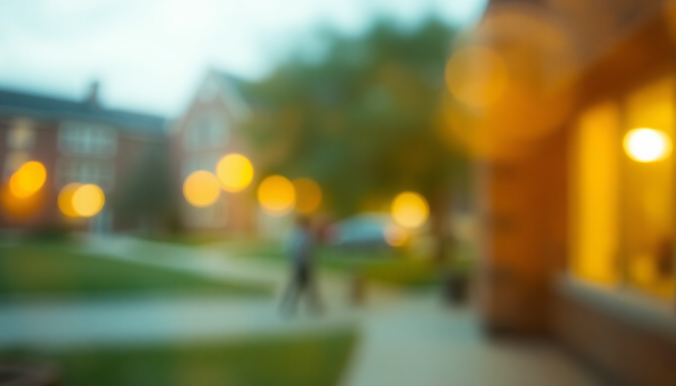 An extremely abstract, out-of-focus photograph in warm, soft tones, depicting the blurred, hazy atmosphere of a school campus, conveying the uncertain future facing Novato's public education system without additional funding.