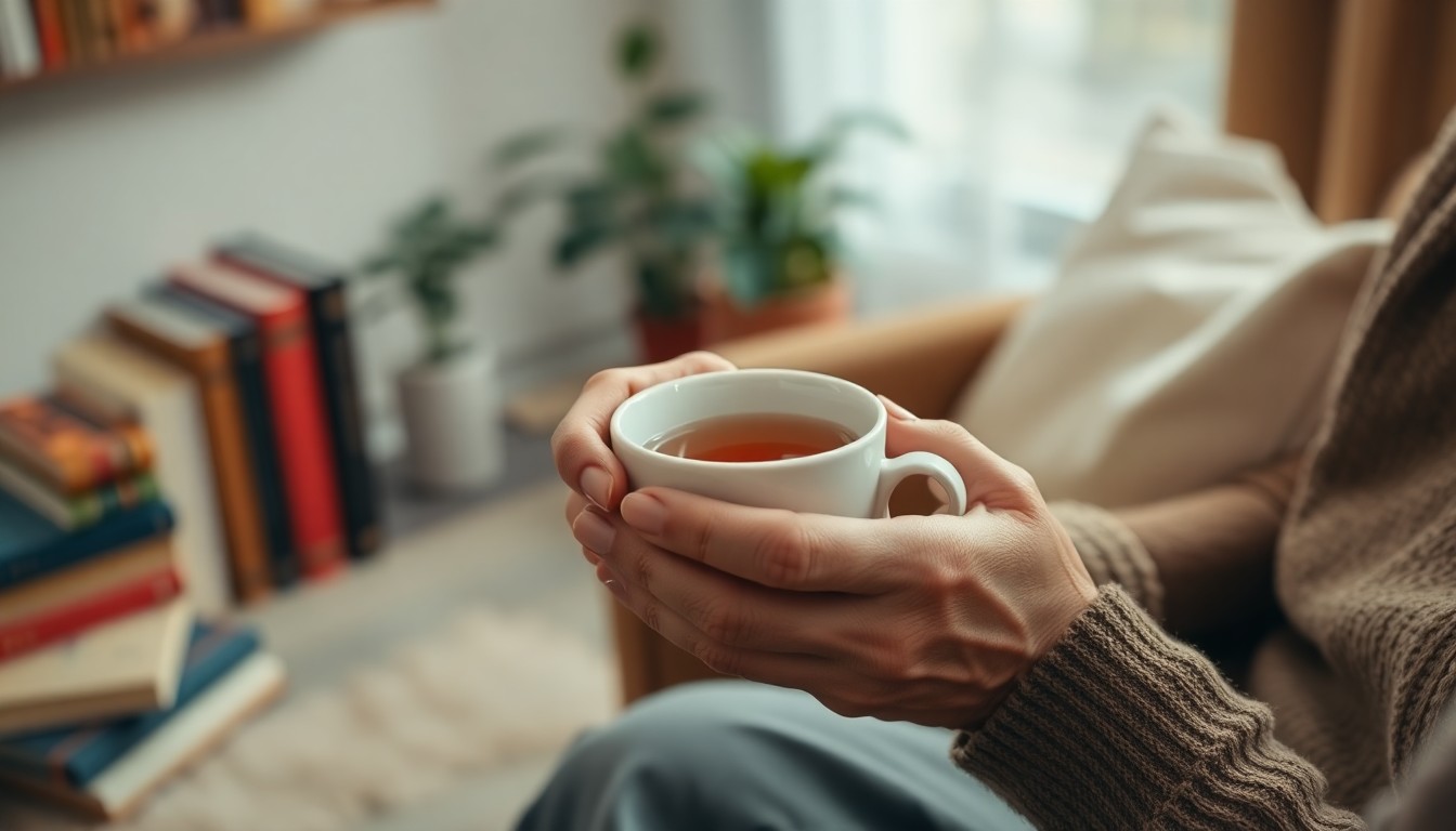 An abstract, impressionistic photograph in soft, warm tones depicting the hands of an elderly person holding a cup, surrounded by blurred lifestyle objects, conveying a sense of comfort and care.