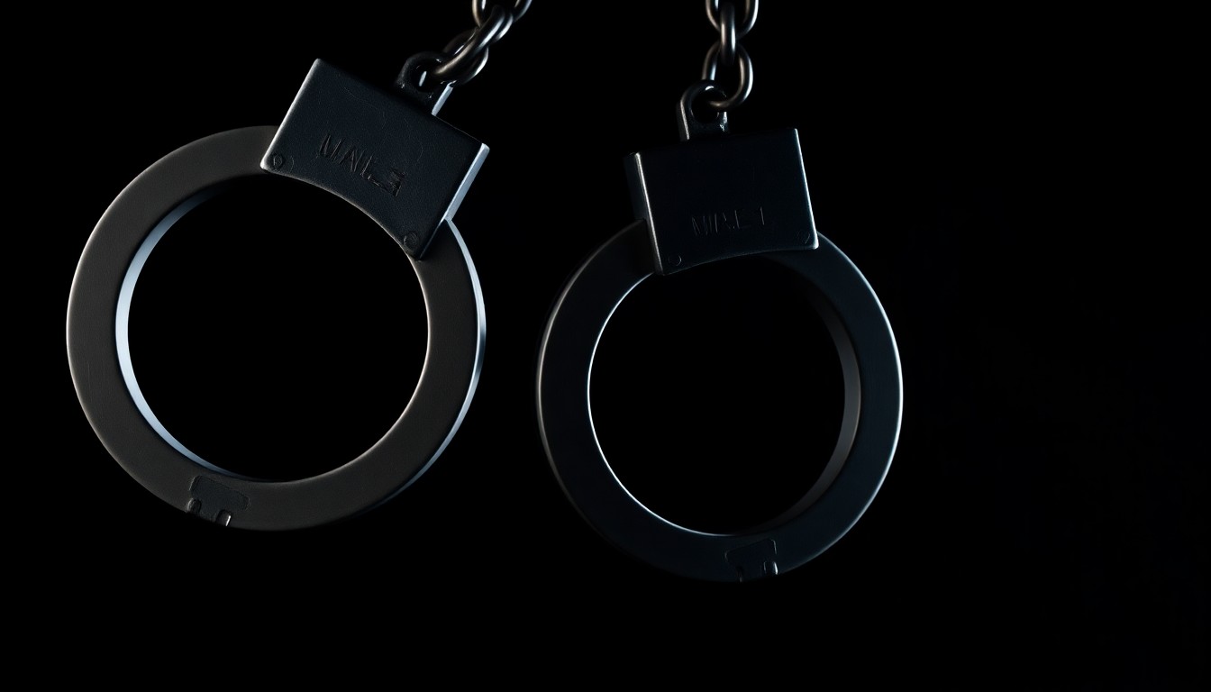 An extreme close-up photograph of a pair of handcuffs against a pitch-black background, the metal reflecting the harsh, direct light of the camera flash, creating a stark, investigative aesthetic.