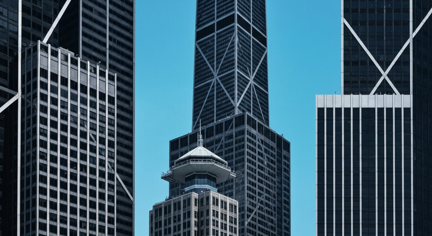 A bold, geometric illustration depicting the sweeping, monumental architecture of the former John Hancock Center, conceptually representing the grand scale and views of the expanded 360 Chicago observation deck.