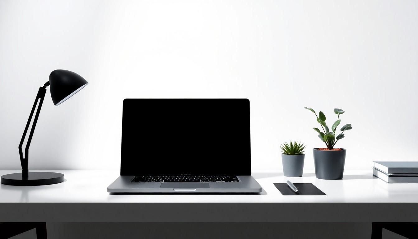 A minimalist, high-contrast studio photograph featuring a modern desk setup with a laptop, pen, and small potted plant, symbolizing the challenges and determination of immigrant entrepreneurs.