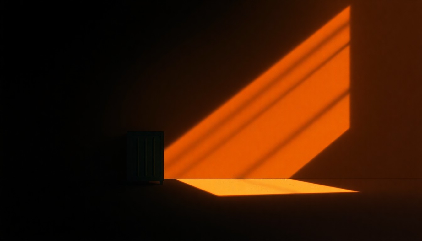 A dimly lit, cinematic painting depicting a solitary desk or office space with a few simple immigration-related objects, such as a stack of documents or a pen, bathed in warm, diagonal sunlight and deep shadows, conveying a sense of contemplation and uncertainty around the evolving immigration landscape.