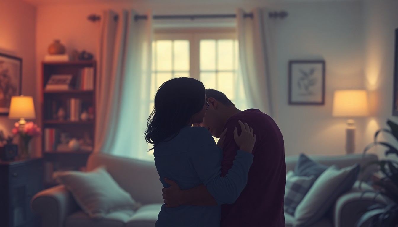 An abstract, out-of-focus photograph of a couple embracing, with warm pools of light and color creating an intimate, emotional scene that captures the essence of relationship counseling.