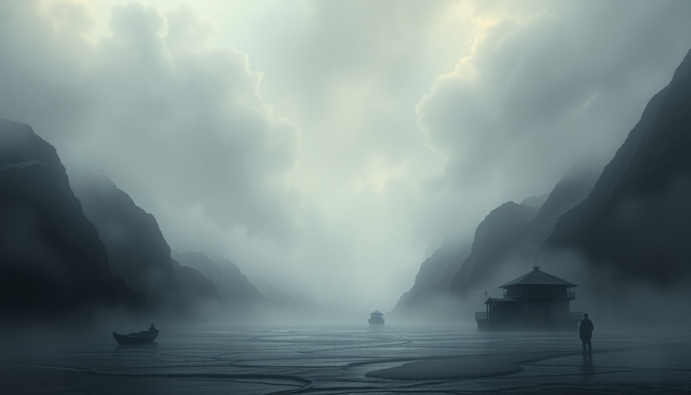 A sweeping, atmospheric landscape painting in muted tones of gray and blue, with a faint outline of buildings and structures barely visible through a thick, hazy fog, conveying a sense of the overwhelming power of nature and the vulnerability of human-made infrastructure.