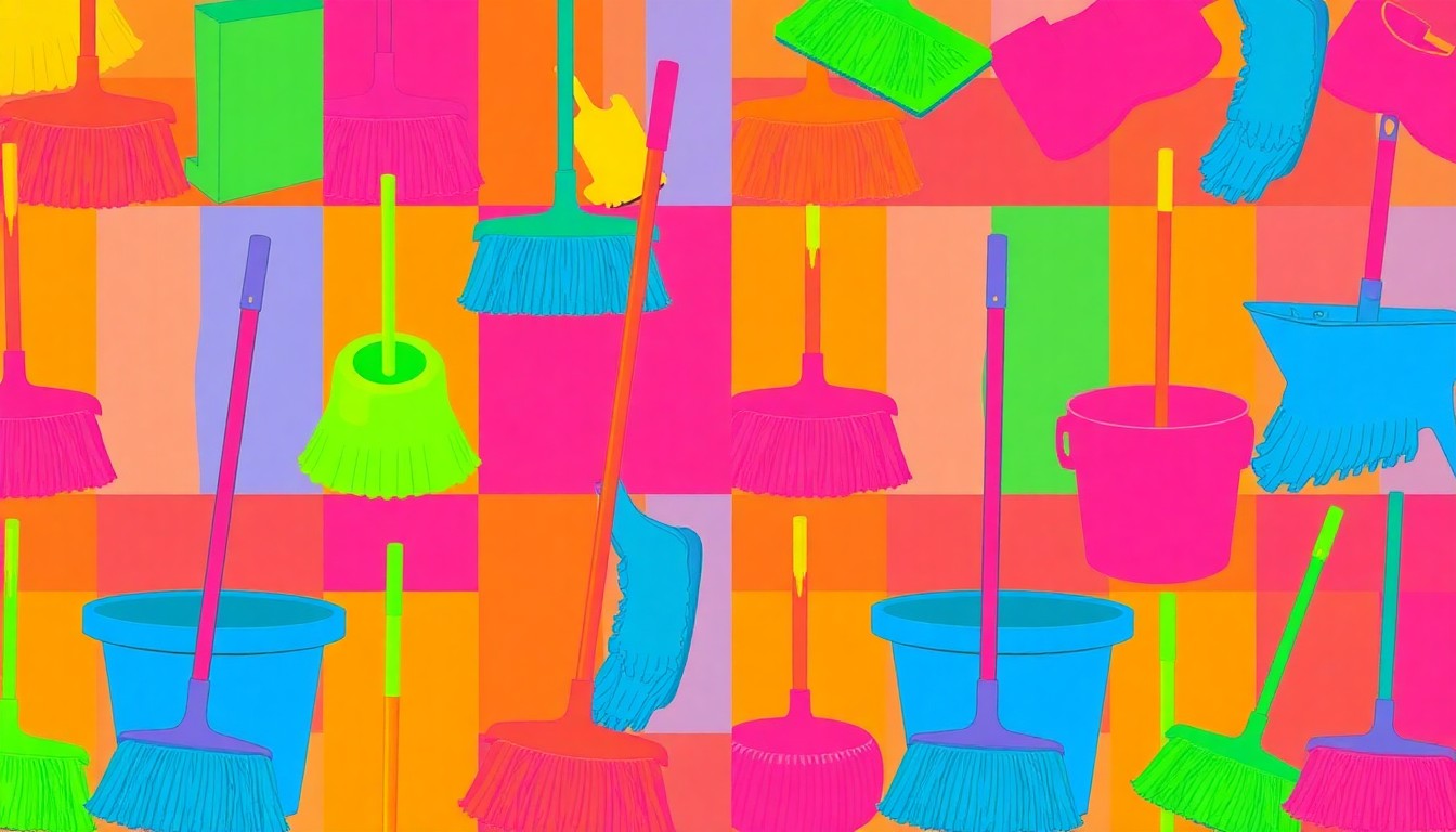 A grid of brightly colored, high-contrast silkscreen images of a single cleaning tool, such as a mop or sponge, conceptually representing the strategic approach to spring cleaning that goes beyond surface-level scrubbing.