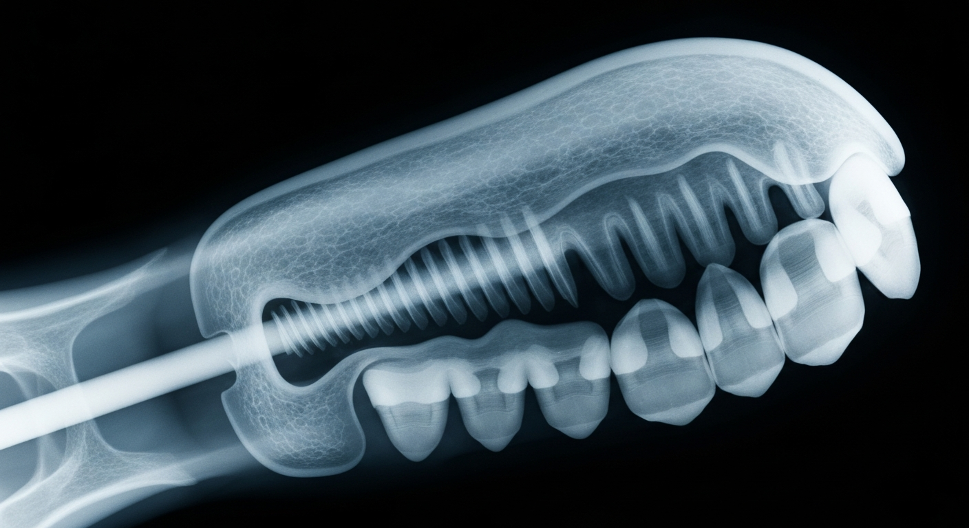 A ghostly, translucent X-ray photograph revealing the internal structure of a dental implant and denture, glowing against a dark background, conceptually illustrating the stability and long-lasting function of implant-supported dentures.