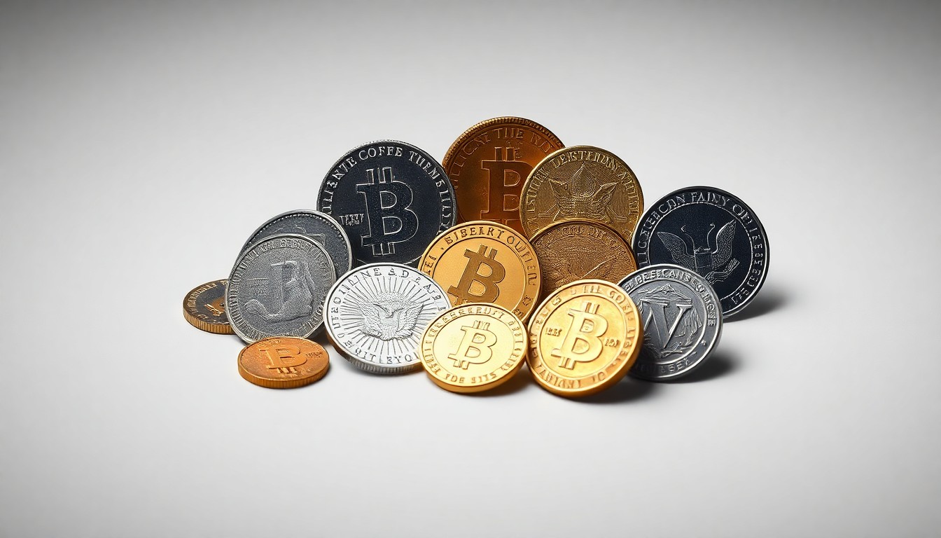 A high-end, photorealistic studio still-life photograph featuring a collection of rare and valuable coins arranged elegantly on a clean, monochromatic background, conceptually representing the complexities of the coin collecting market.