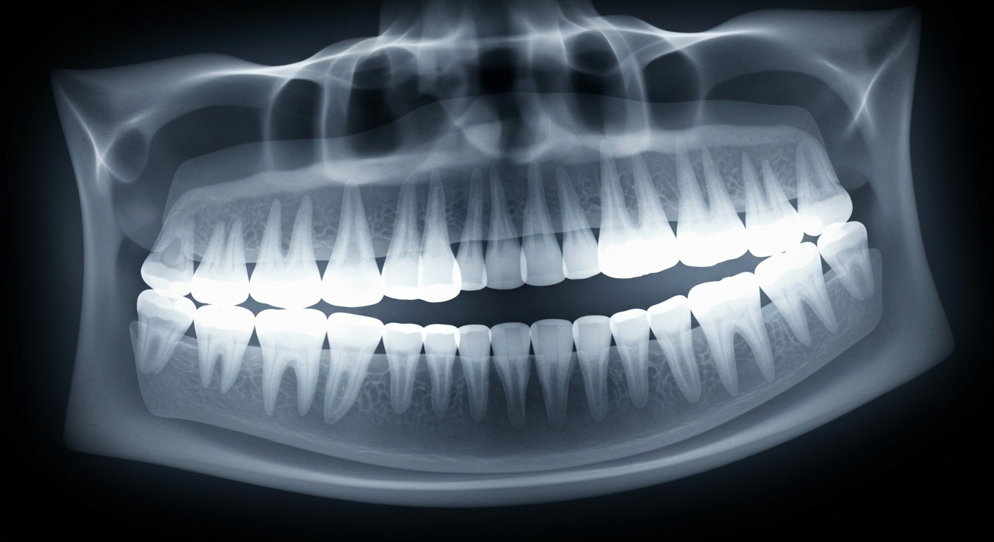 A translucent, X-ray-like image revealing the internal structures of human teeth in various stages of whitening, conveying the clinical, scientific approach to teeth whitening at Laguna Heights Dental.