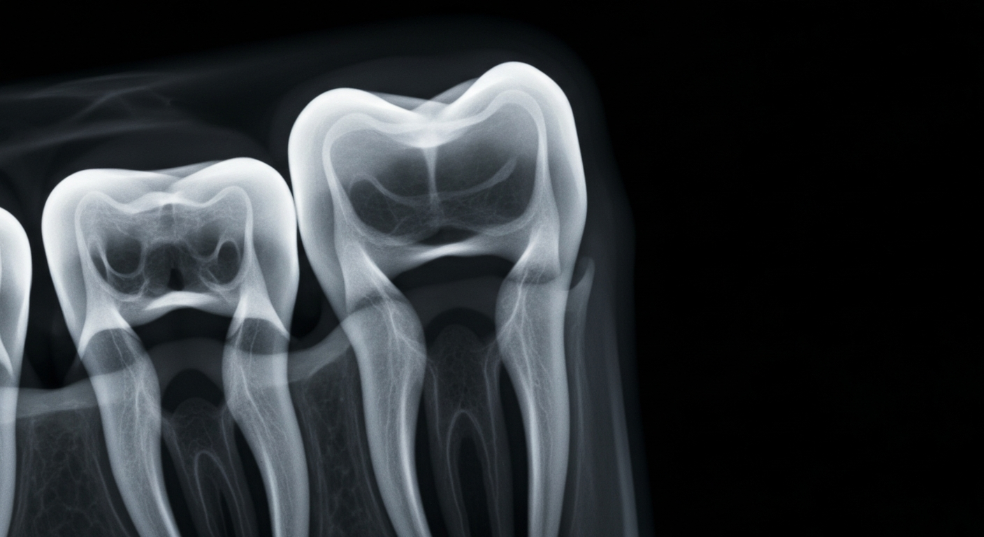 A ghostly, translucent X-ray photograph of a human tooth, revealing its intricate internal structure in glowing lines against a dark background, conceptually representing the clinical precision of a cosmetic dentistry practice.