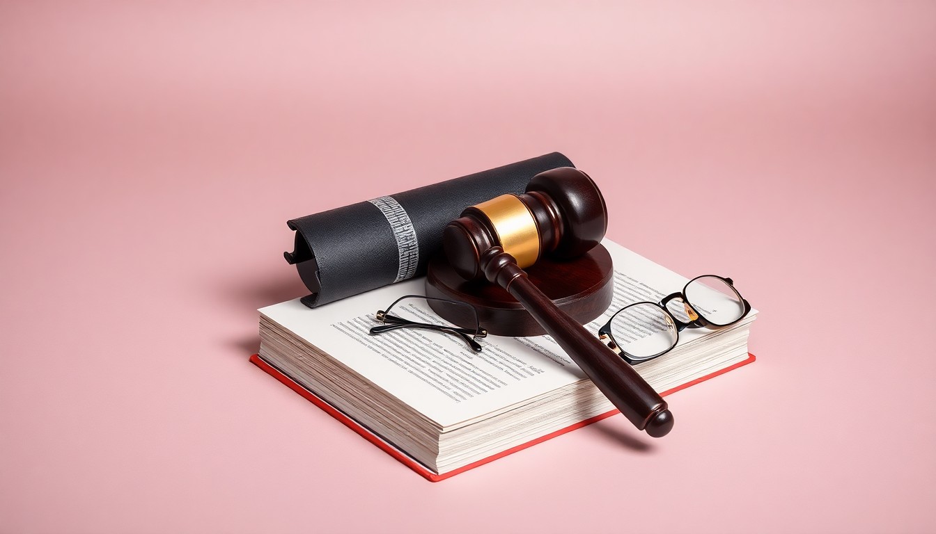 A high-end, photorealistic studio still-life photograph featuring a gavel, a law book, and a pair of reading glasses arranged elegantly on a clean, monochromatic seamless background, conceptually representing the expertise and legal strategy of a veteran civil litigation attorney.