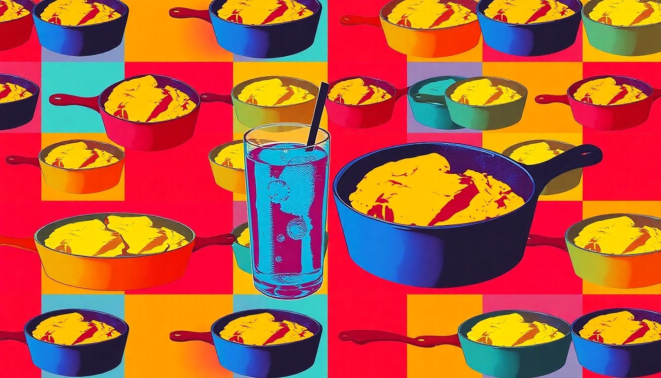 A brightly colored, high-contrast silkscreen print of a cast-iron skillet repeated in a tight grid pattern, conceptually representing the Southern-inspired menu at the revamped Grandview Tavern & Grill.