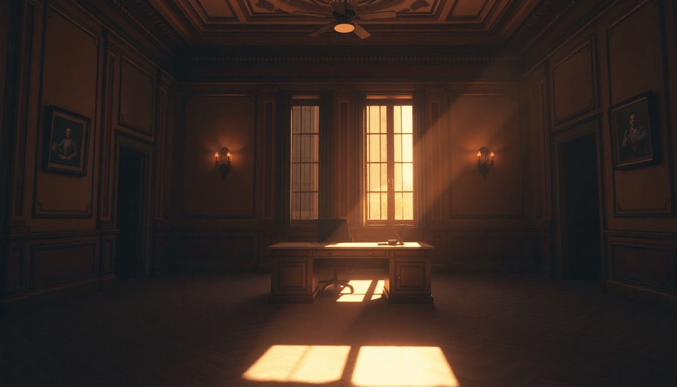 A quiet, cinematic painting of a solitary office desk in a dimly lit Chicago City Hall building, bathed in warm diagonal sunlight and deep shadows, conceptually representing the political turmoil and power dynamics described in the news story.
