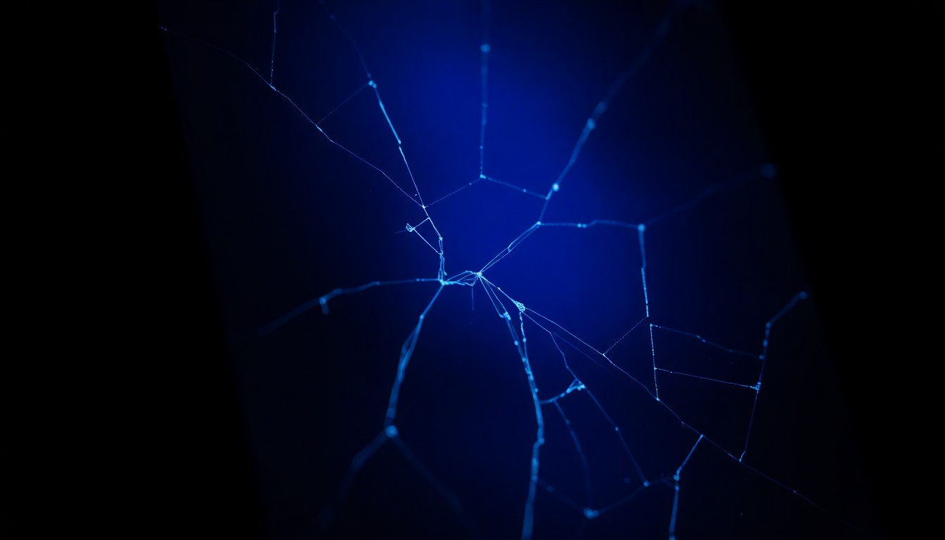 An extreme close-up of a cracked and scratched smartphone screen reflecting a faint blue light, conceptually representing the digital exploitation of children.
