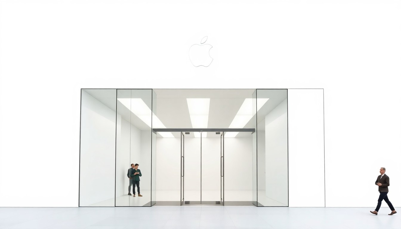 A highly detailed, minimalist photograph of a sleek, geometric glass and metal facade, representing the entrance to a fictional Apple retail store location.