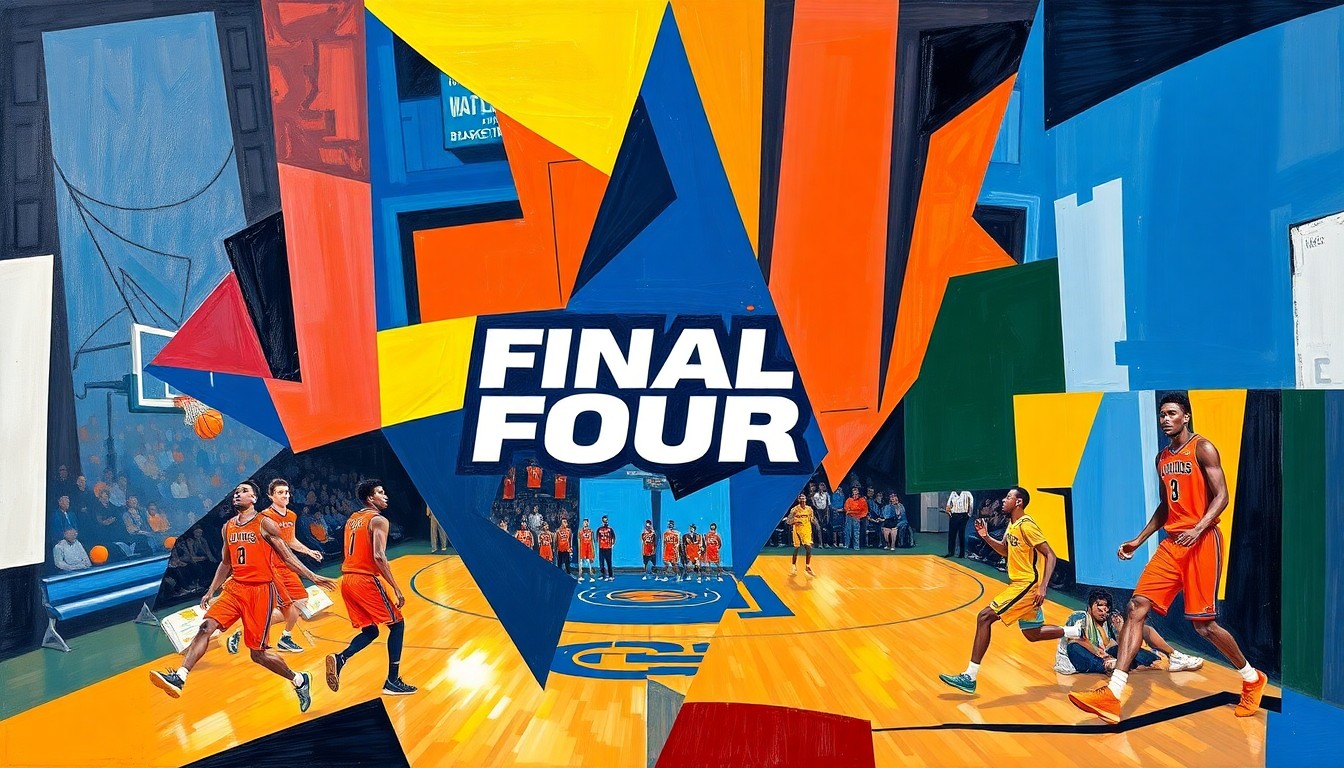 A fractured, multi-perspective painting in a cubist style, with sharp, overlapping geometric planes in the team's colors depicting the energy and dynamism of the Illinois basketball team's Final Four run.