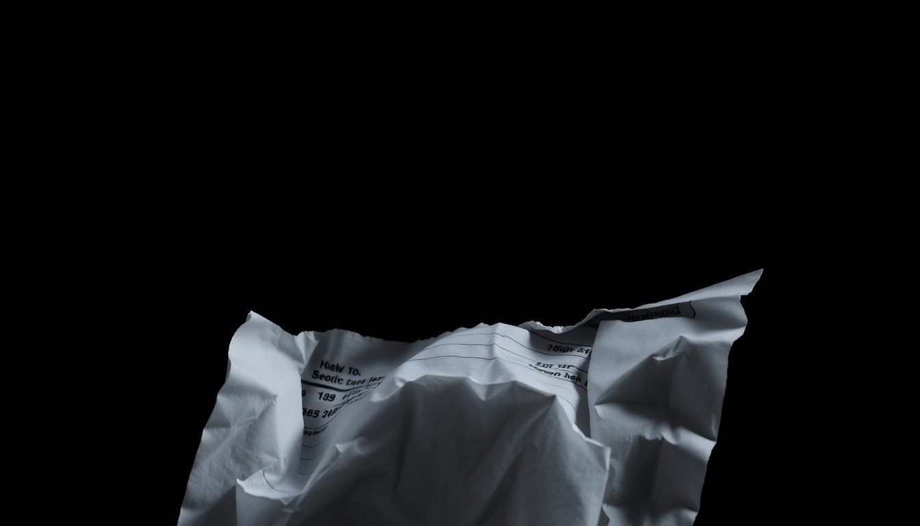 An extreme close-up photograph of a crumpled, torn financial document against a stark black background, conceptually representing the deception and financial harm caused by contractor fraud.