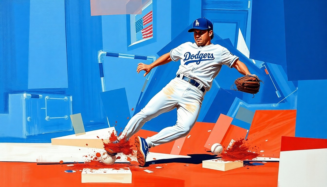 A fractured, multi-perspective painting depicting a baseball player sliding into a base, with the action broken down into sharp, overlapping geometric planes in shades of blue, red, and white, conveying the energy and movement of the play.