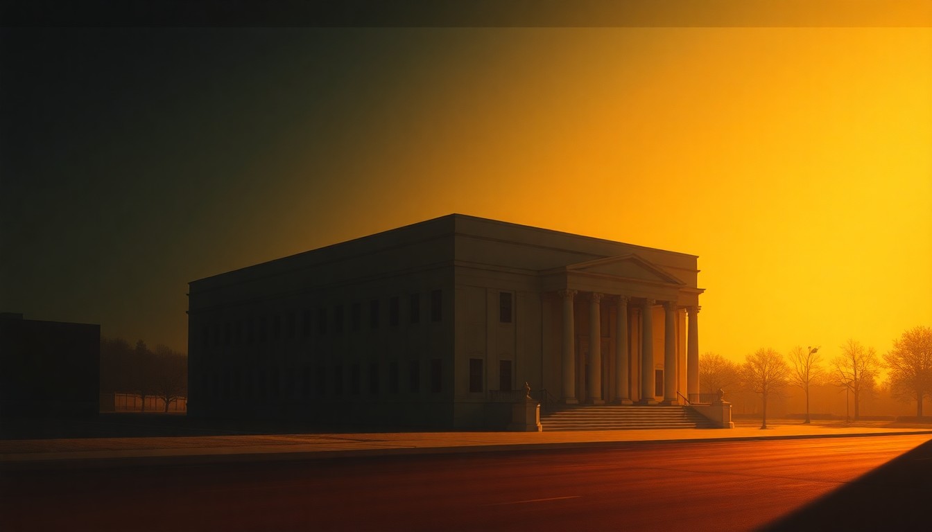 A serene, photorealistic painting of a government building or civic structure, its facade illuminated by warm, angled sunlight and cast in deep, dramatic shadows, conveying a sense of quiet contemplation around the political debate over property taxes.