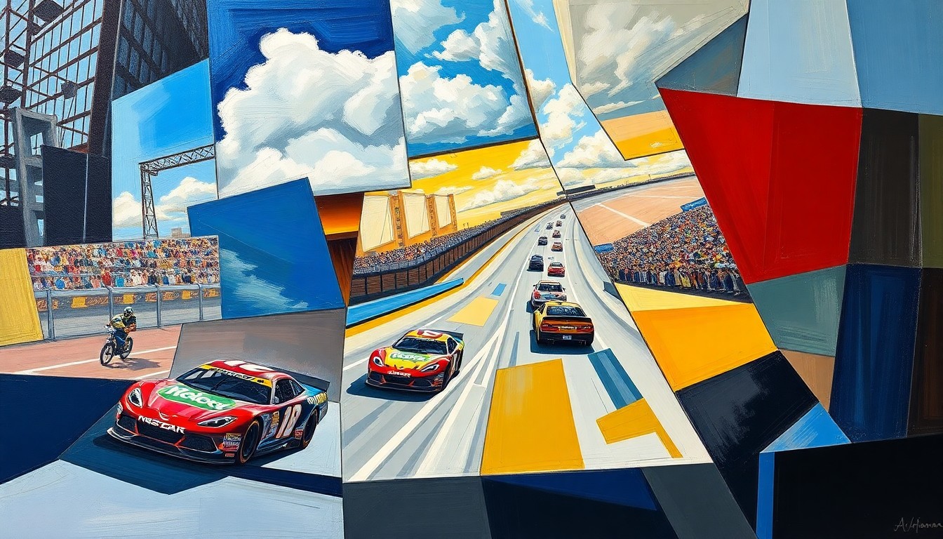 A cubist, geometric painting depicting a NASCAR race scene, with the cars and track broken down into sharp, overlapping planes of color and shape, conveying the dynamic and unpredictable nature of the sport.