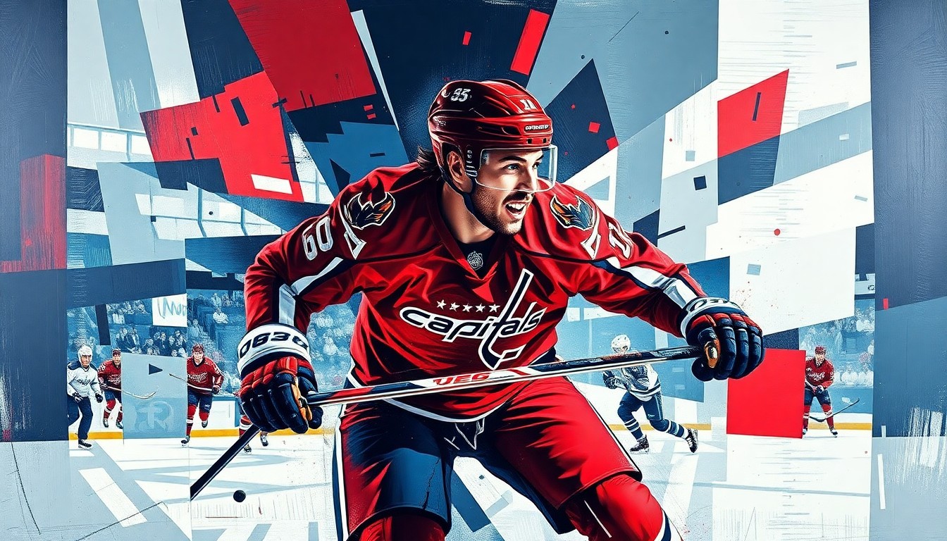 A fractured, multi-perspective painting in a cubist style, breaking down the action and movement of a hockey player into sharp, overlapping geometric planes and forms, conceptually representing the dynamic career of NHL legend Alex Ovechkin.