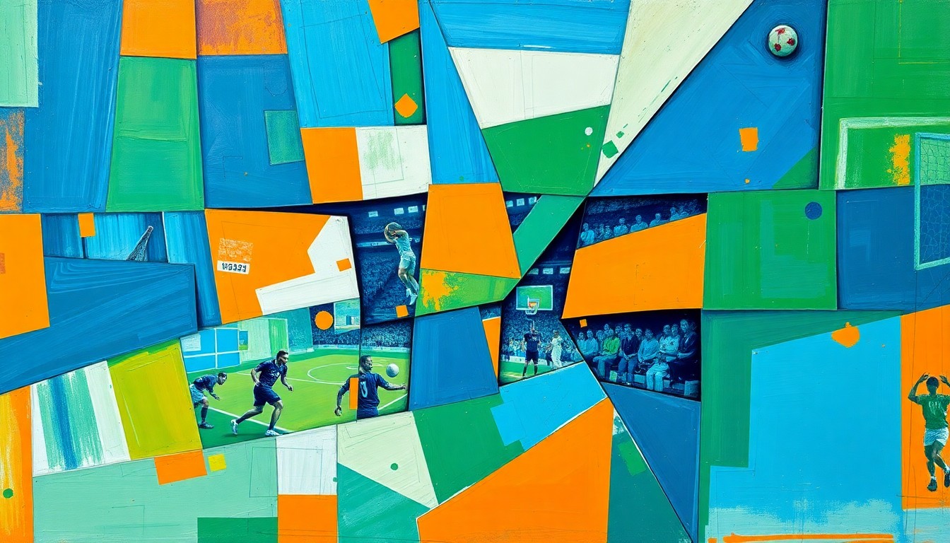 A fragmented, geometric painting in bold blues, greens, and oranges, depicting the overlapping movements and perspectives of various sporting events and competitions.