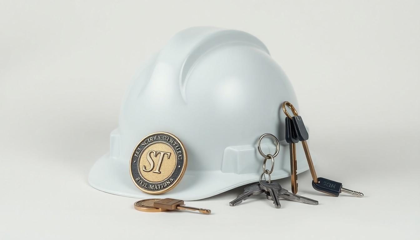 A high-end, photorealistic studio still-life photograph featuring a polished metal subway token, a hardhat, and a set of keys arranged elegantly on a clean, monochromatic background, conceptually representing the infrastructure and stability of public sector jobs.