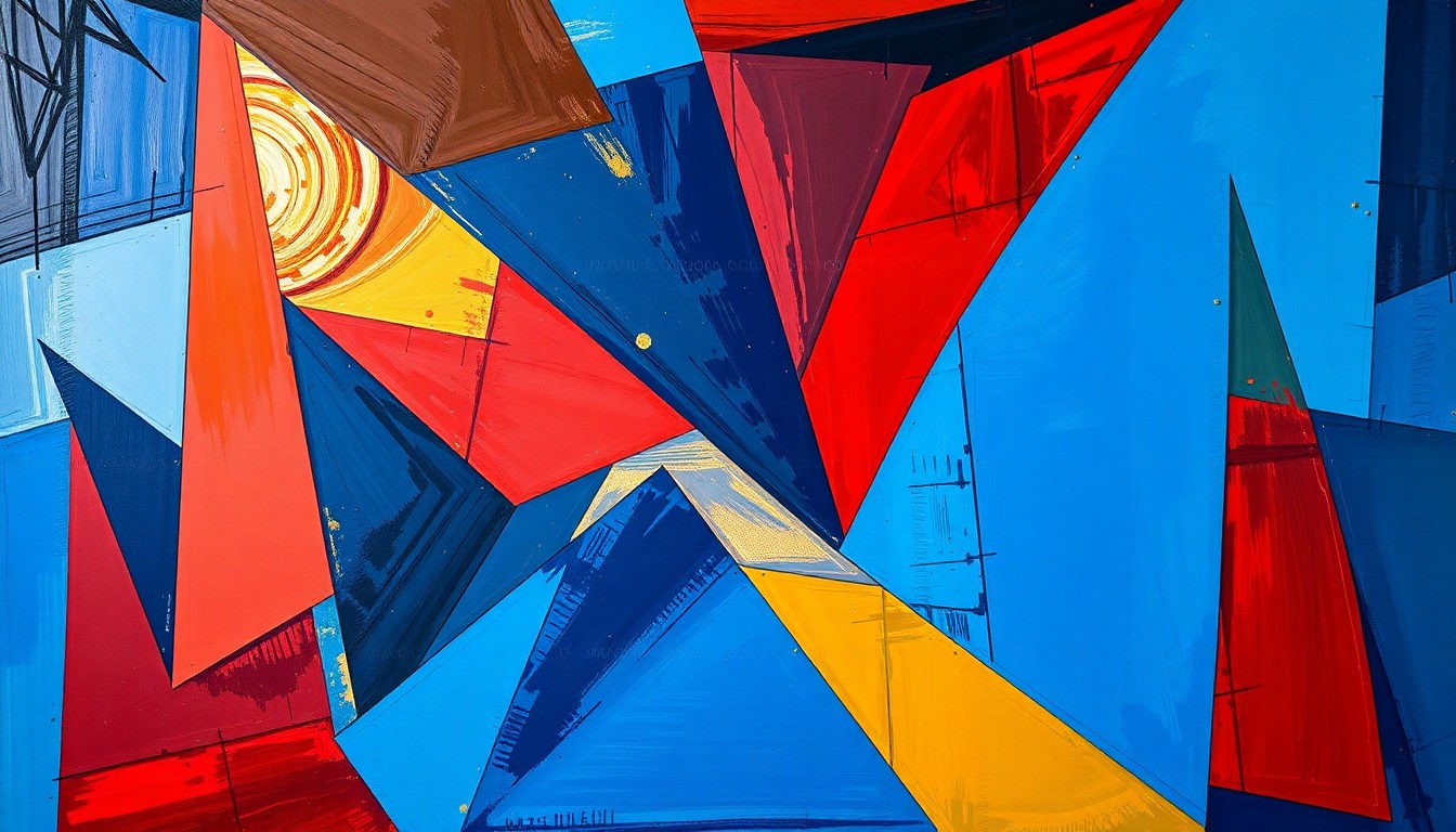 A cubist, geometric painting depicting a fragmented WNBA basketball game, with overlapping planes of color and movement capturing the dynamic energy of the sport.