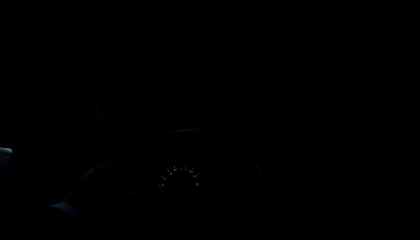 An extreme close-up photograph of a car's dashboard and steering wheel, lit by a harsh, direct camera flash against a pitch-black background, conceptually representing the dangers of distracted driving and the need for driver focus.