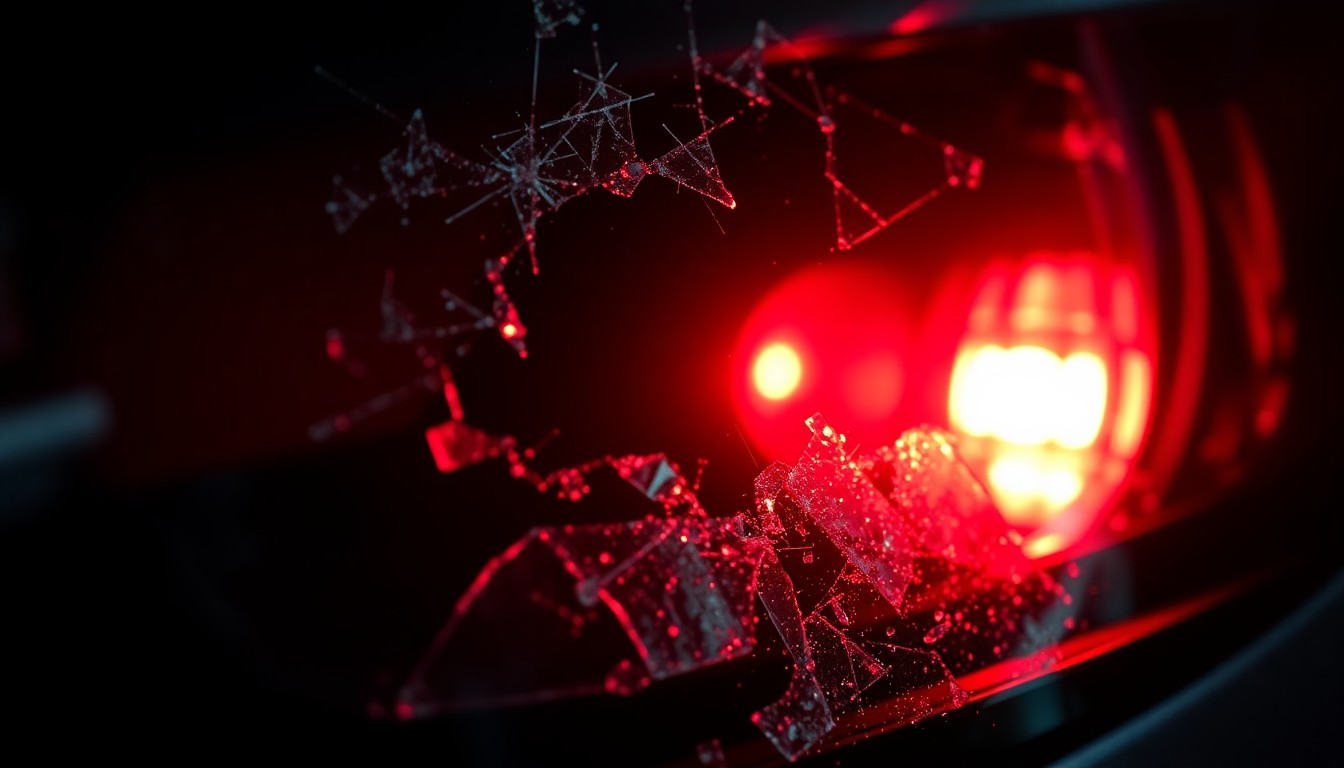 An extreme close-up photograph of a shattered car sensor lens reflecting a faint red light, conceptually illustrating the vandalism of self-driving cars.