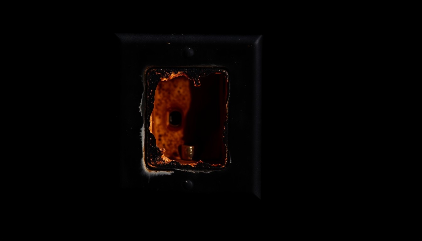 An extreme close-up photograph of a charred electrical outlet against a pitch-black background, conceptually illustrating the safety concerns that prompted its removal from prison cells.