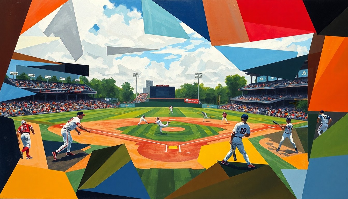 A fragmented, geometric painting depicting the dynamic movements and plays of a high school baseball game, with players and the field deconstructed into abstract shapes and planes of color.