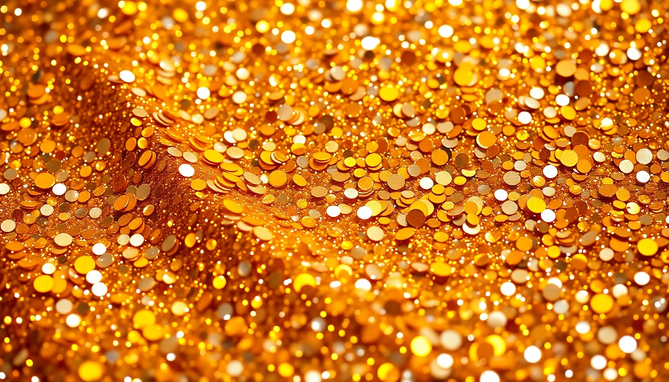 An abstract, high-contrast close-up photograph of shimmering gold and silver sequins, evoking the glitz and glamour of a major concert performance.