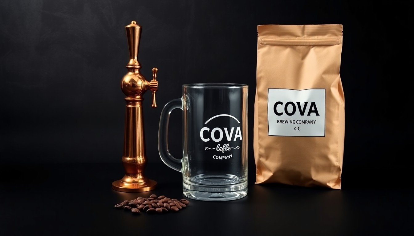 A high-end studio still life photograph featuring a polished copper beer tap handle, a glass beer stein, and a bag of freshly roasted coffee beans, all arranged elegantly on a clean, matte black background with dramatic lighting and shadows to convey the premium quality and craftsmanship of COVA Brewing Company's products.