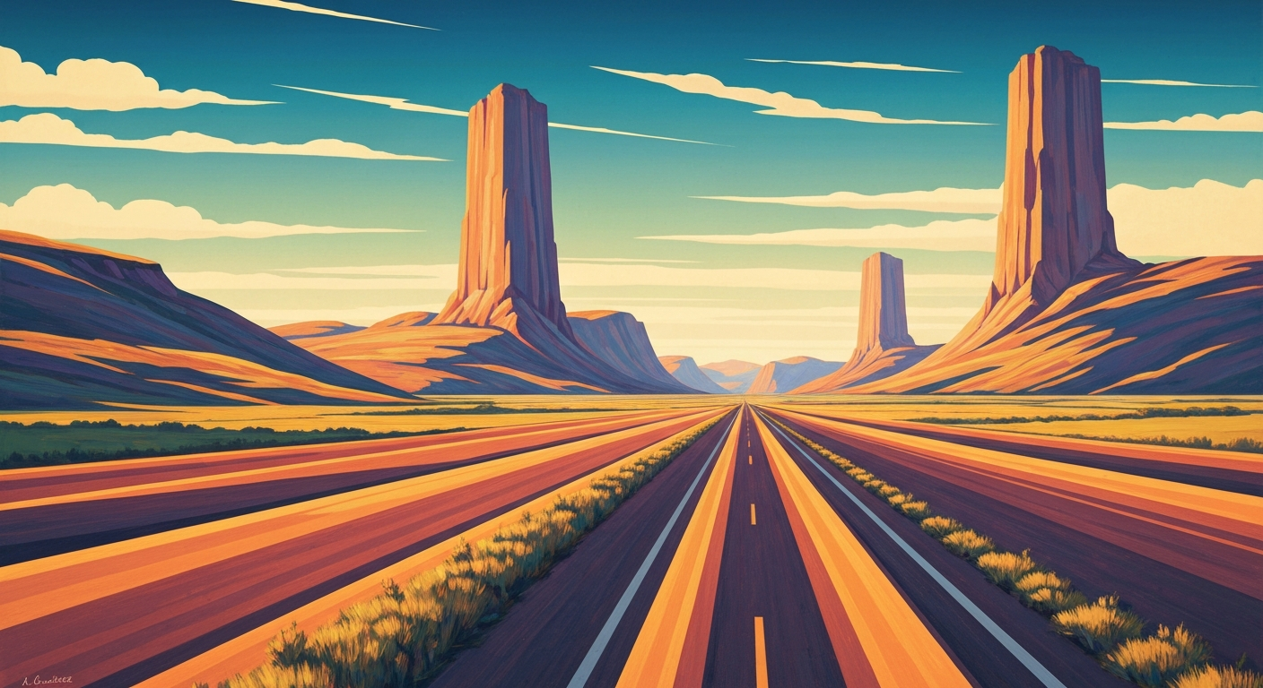 A bold, geometric illustration in the Art Deco style, featuring sweeping, airbrushed gradients and towering forced perspectives of the Kansas landscape, capturing the grand scale and romance of travel along the Pony Express Historic Byway.