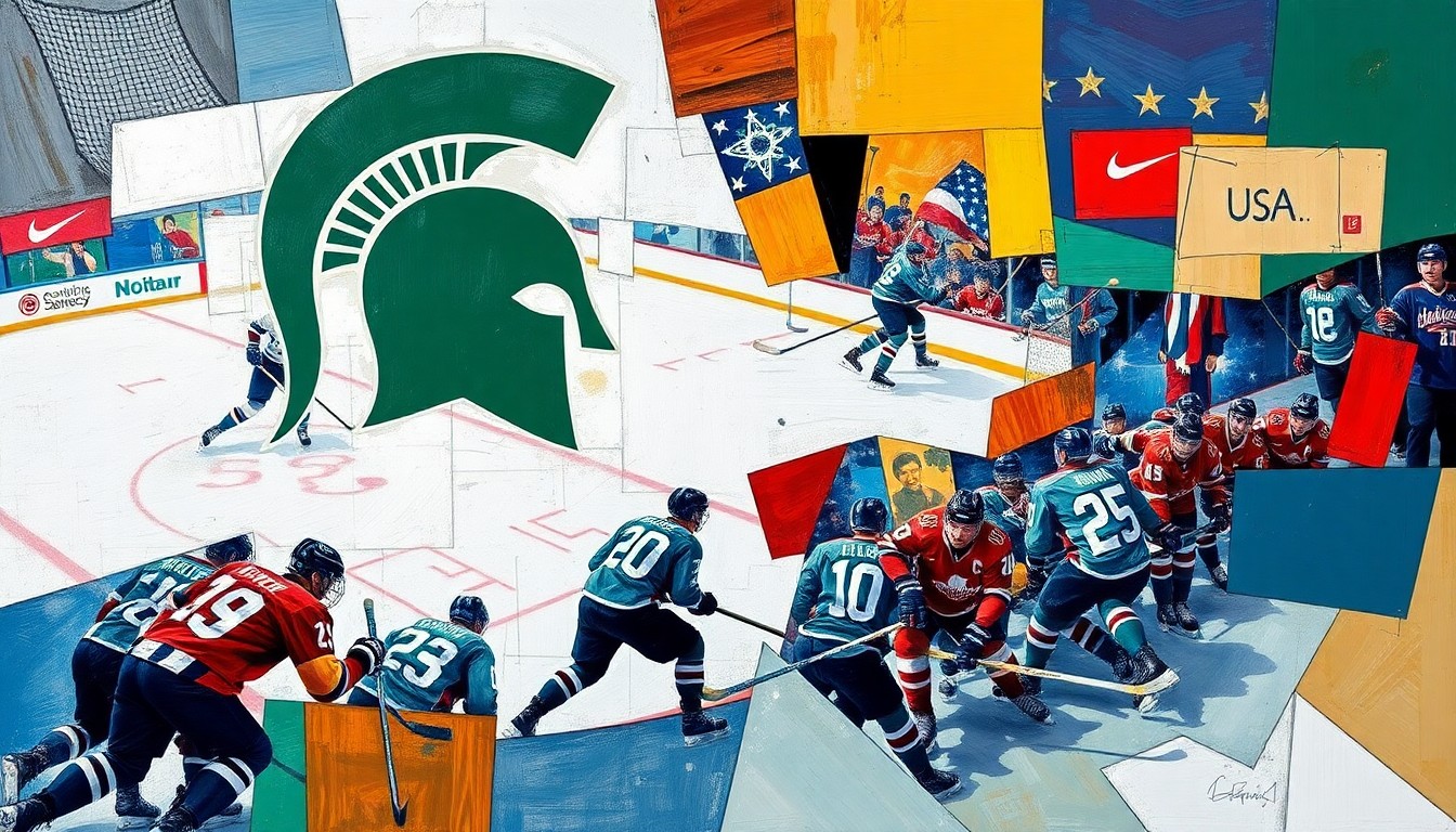 A cubist, geometric painting depicting a hockey game, with sharp, overlapping planes of blue, green, and red representing the Michigan State Spartans and USA Hockey team colors, conceptually illustrating the coach's role in guiding the national team.