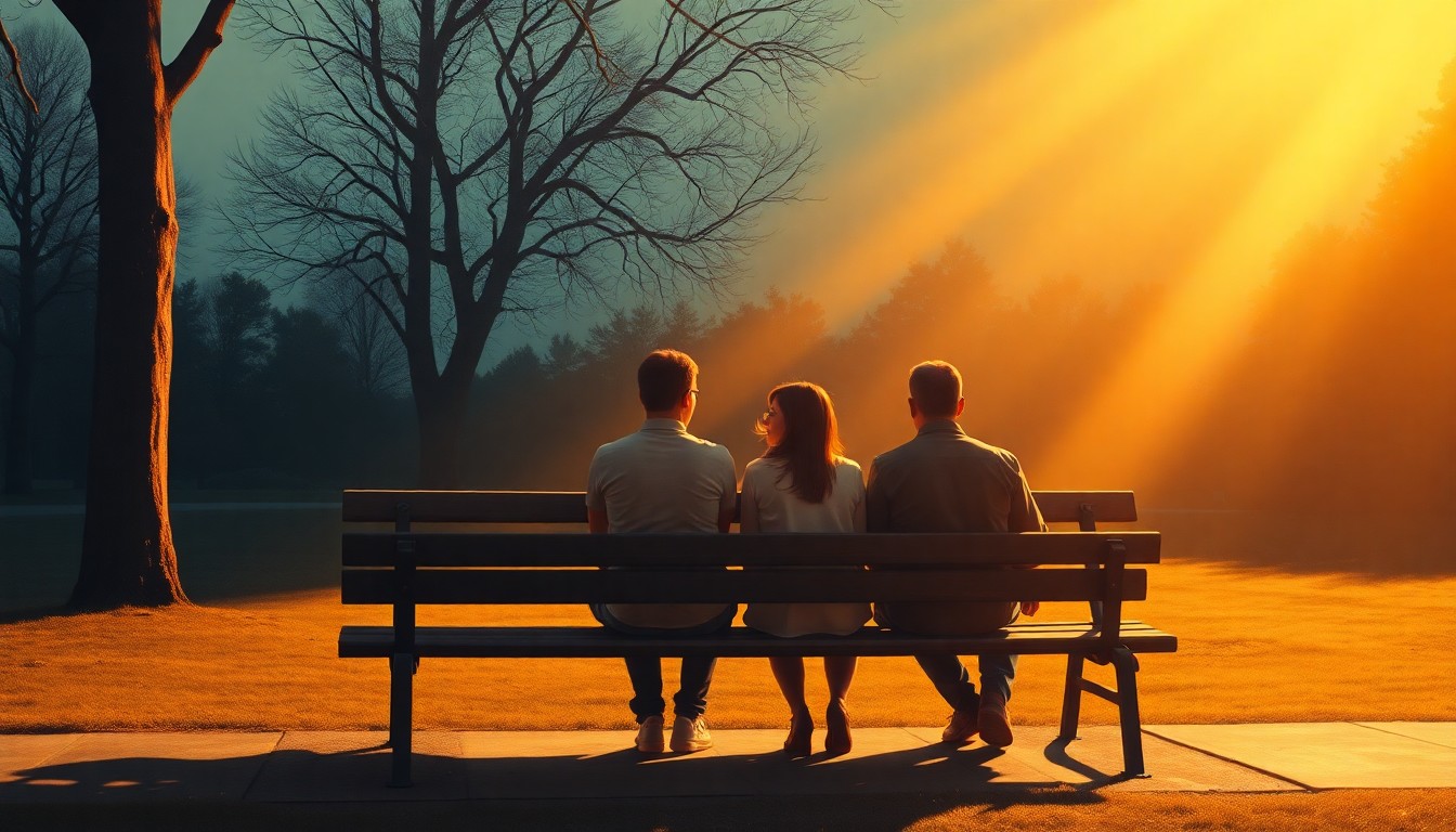 A serene oil painting depicting a family sitting on a park bench, their faces obscured by shadow, conveying a sense of isolation and vulnerability amidst the urban landscape.