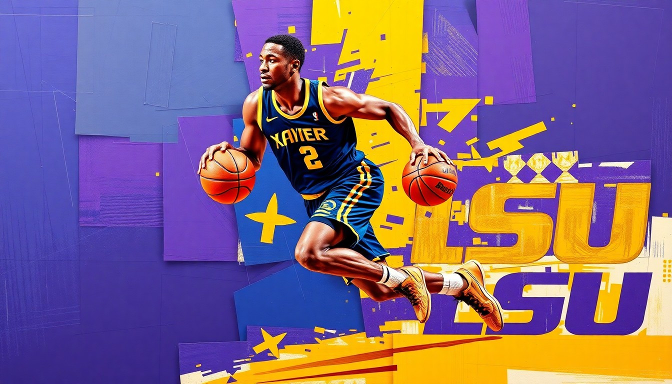 A fractured, geometric painting in vibrant blue, gold, and purple hues, depicting the dynamic motion of a college basketball player in an abstract, cubist style.