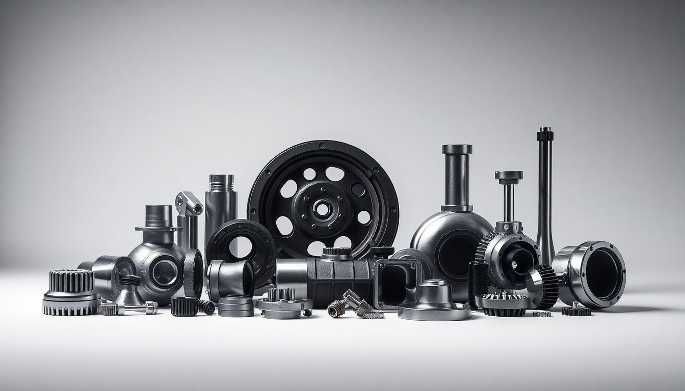 A high-end, photorealistic studio still-life photograph featuring a collection of polished, geometric metal and plastic components arranged elegantly on a clean, monochromatic background, conceptually representing the impact of the Troutdale plant closure on the local economy.