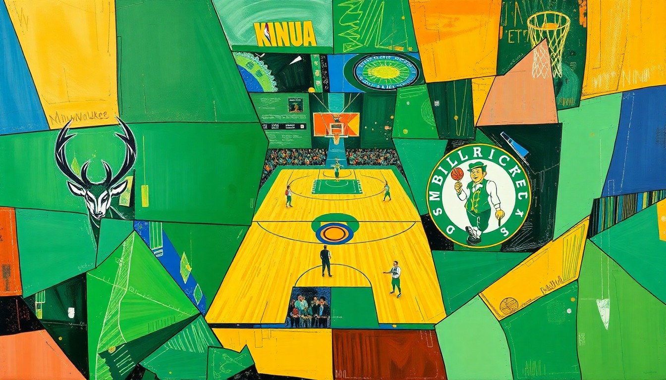 A cubist, geometric painting depicting a basketball game between the Milwaukee Bucks and Boston Celtics, with the players and court broken down into overlapping, angular shapes in vibrant colors.