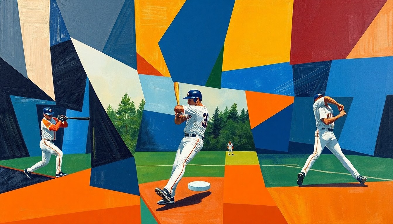 A cubist, geometric painting depicting a baseball game in progress, with the players' bodies and the field reduced to abstracted shapes and planes of dark blue, forest green, and burnt orange.