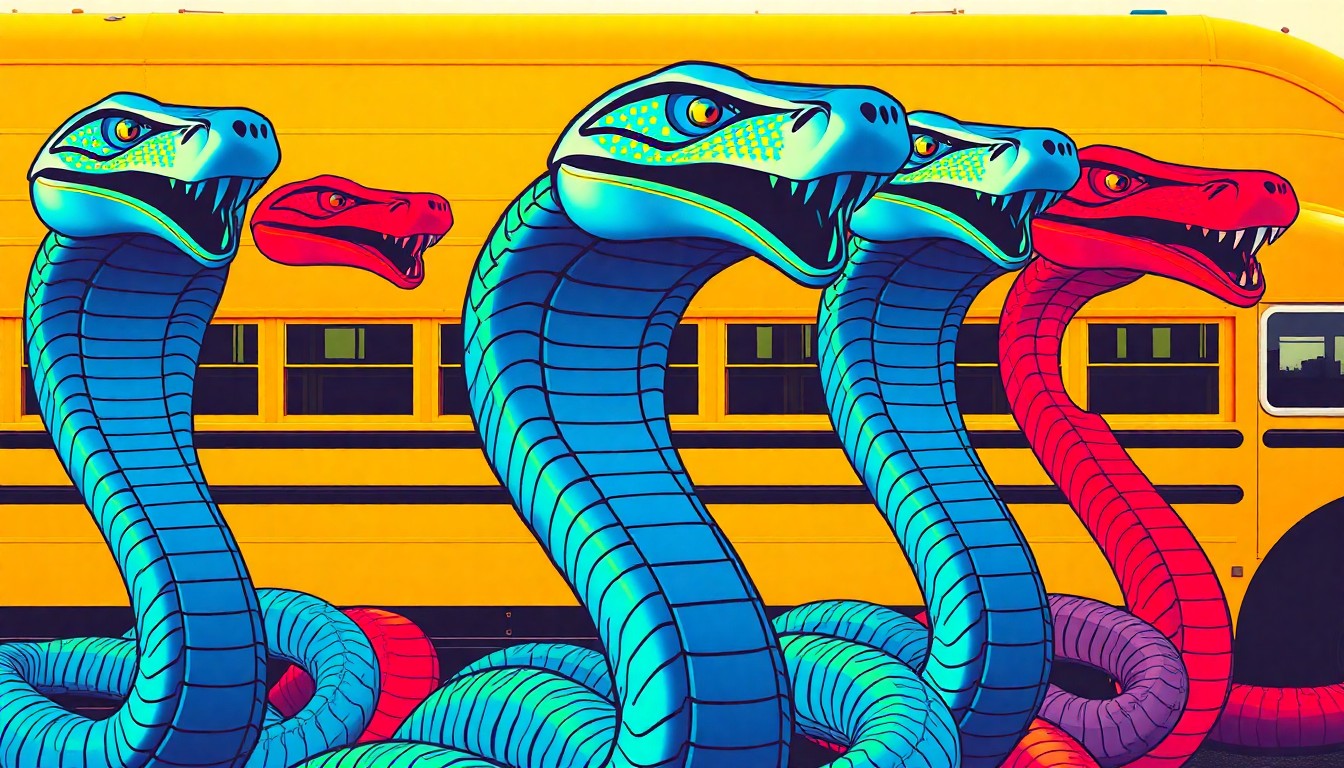 A bold, graphic illustration featuring a repeated pattern of a large metal cobra sculpture in vibrant neon colors, set against a backdrop of a bright yellow school bus display, conceptually representing the eclectic mix of art and innovation within the repurposed retail space.