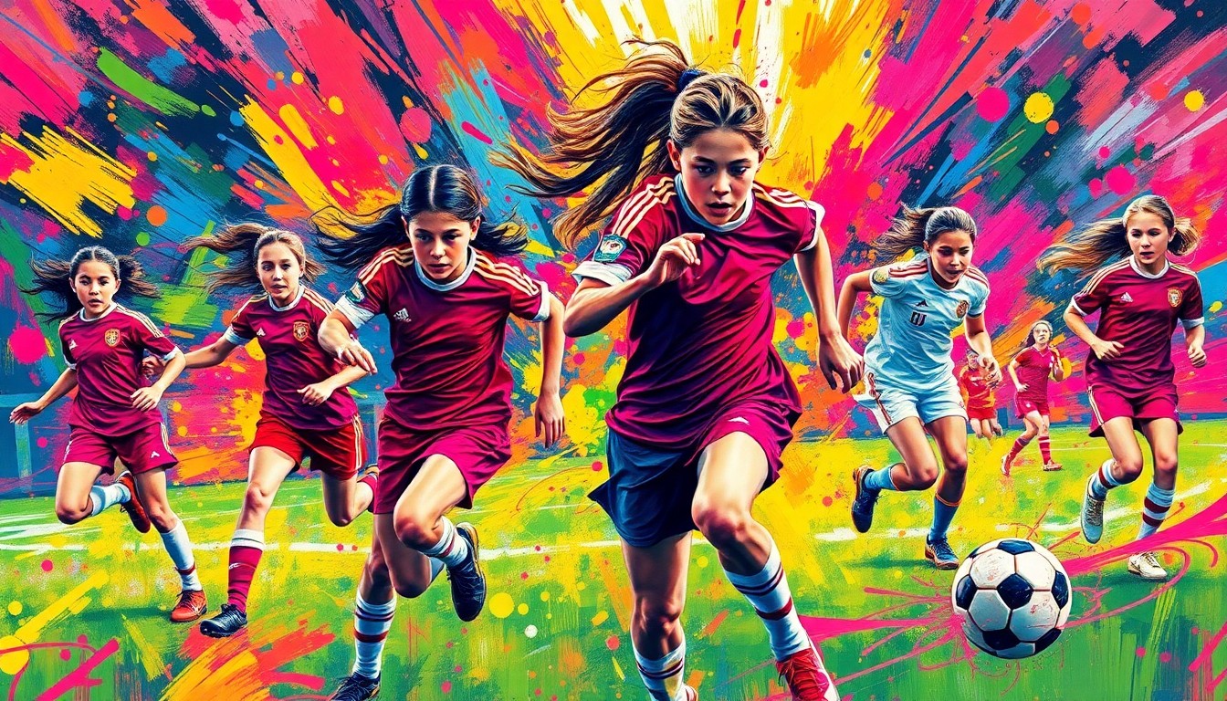 An abstract expressionist painting in neon colors, with rapid brushstrokes capturing the dynamic movement and energy of a middle school girls soccer game.