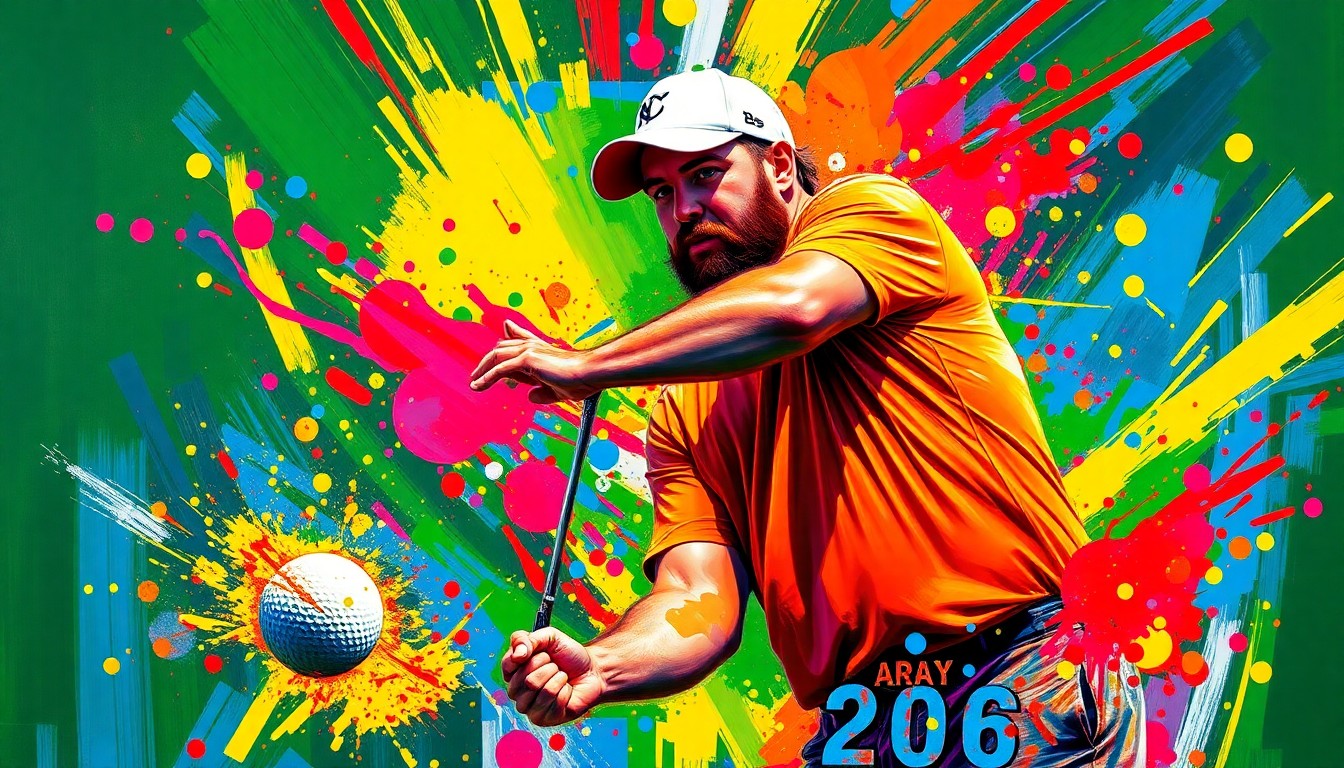 A vibrant, expressionist painting in neon colors capturing the raw energy and movement of Jason Kelce caddying and golfing at the Masters Par 3 Contest, with his form and the golf ball dissolving into unrecognizable paint splatters.