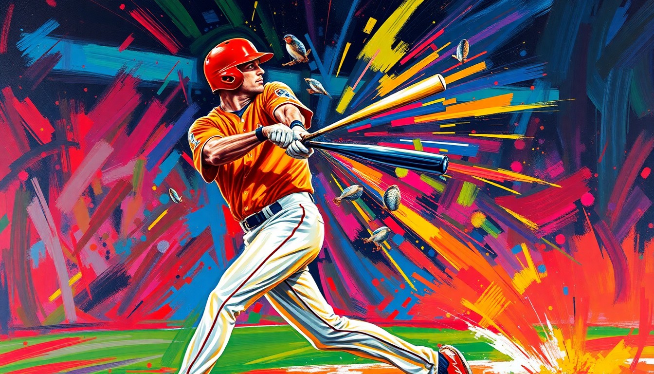 An extreme close-up of a baseball player's powerful swing, with vibrant brushstrokes of neon orange, electric blue, and bright yellow conveying the raw energy and momentum of the hit.