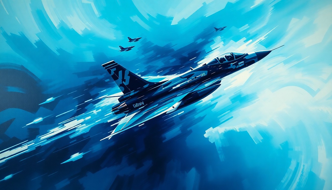 A dynamic, abstract painting of a fighter jet in flight, its silhouette repeated and overlapping in waves of dark blue, teal, and silver, conveying a sense of motion and energy around the topic of national defense.