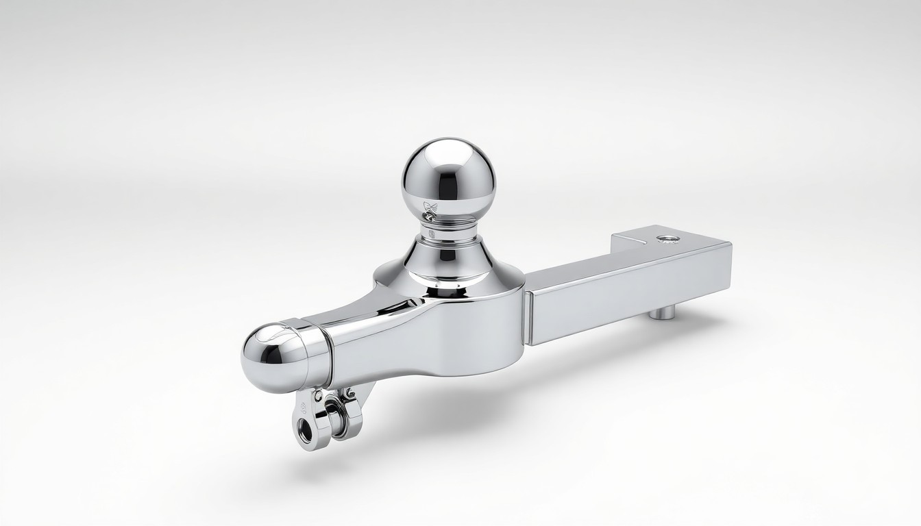 A highly detailed, photorealistic studio still life photograph featuring a polished chrome cargo trailer hitch and ball mount arrangement on a clean, monochromatic background, conceptually representing the quality and reliability of Blackland Trailer Sales' equipment offerings.
