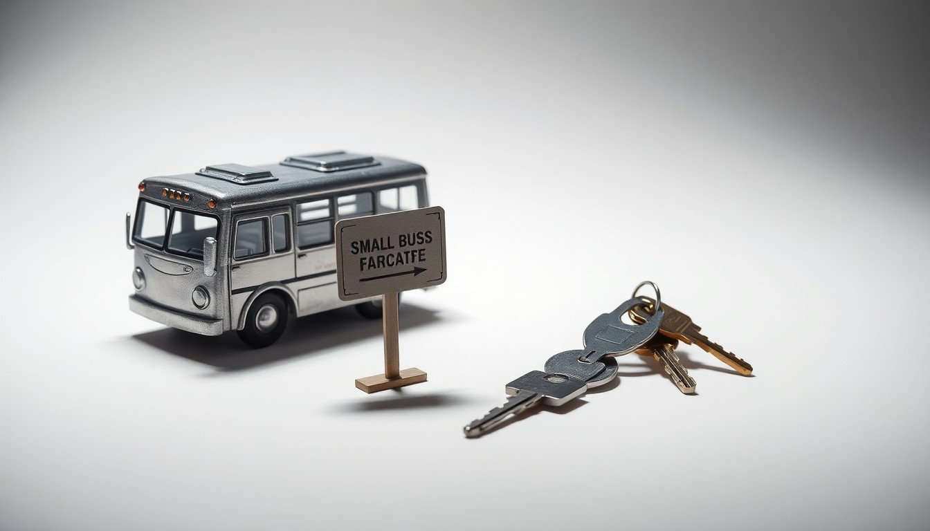 A high-end, photorealistic studio still-life photograph featuring a gleaming metal bus model, a small-business facade sign, and a set of house keys arranged elegantly on a clean, monochromatic seamless background, conceptually representing community investment, neighborhood revitalization, and equitable distribution of federal resources.