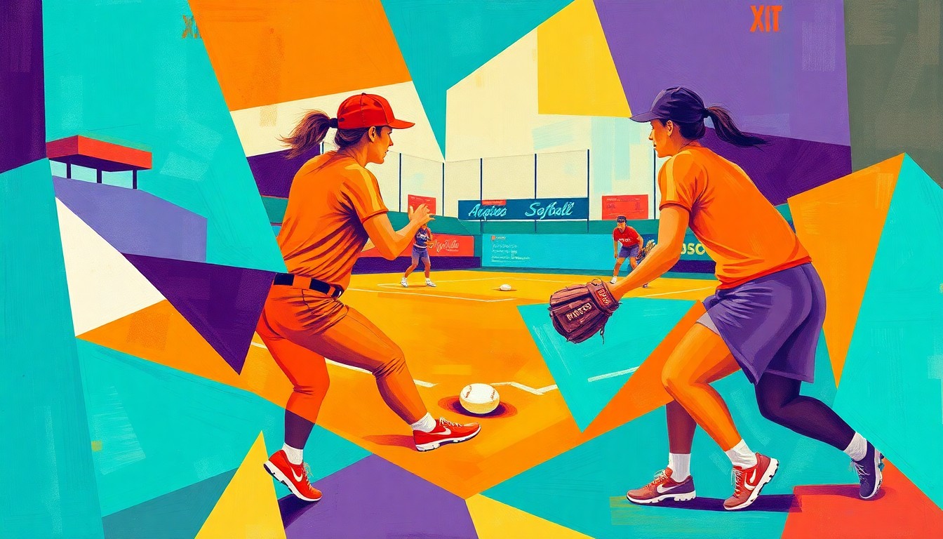 A fragmented, geometric painting in bold colors depicting the motion and intensity of a women's softball game, conveying the conceptual energy and excitement of the new professional league coming to Knoxville.
