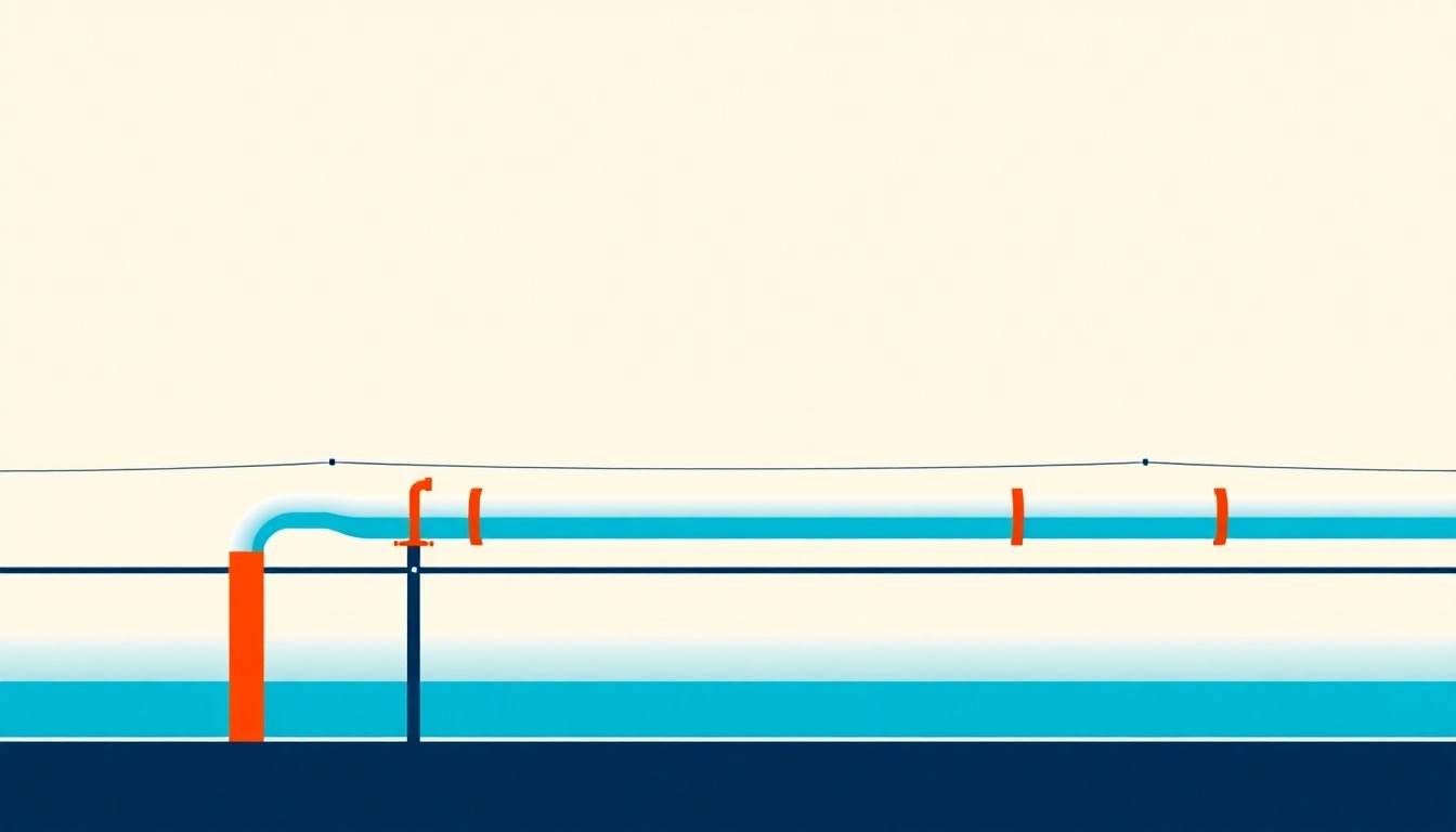 A geometric abstract illustration using bold shapes and primary colors to conceptually represent natural gas pipeline infrastructure and energy distribution networks.