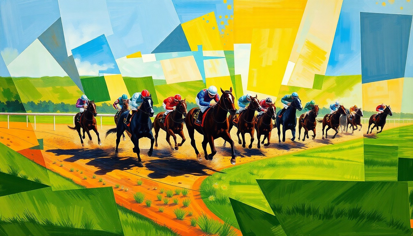 A cubist, geometric painting depicting the chaotic energy and motion of a horse race on a turf course, with fragmented shapes and planes of green, brown, and silhouetted figures.